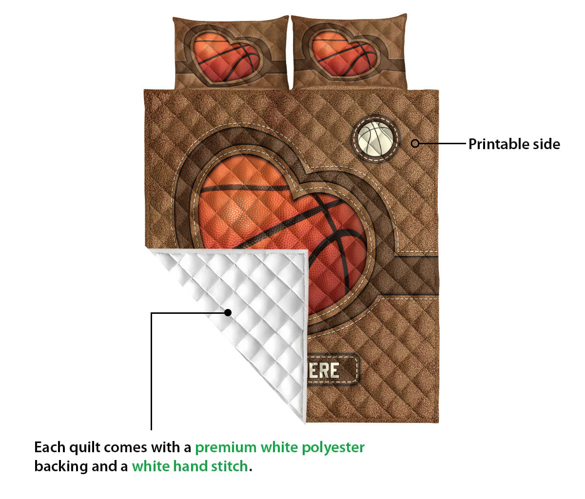 Ohaprints-Quilt-Bed-Set-Pillowcase-Basketball-Heart-Brown-Pattern-Unique-Gift-Custom-Personalized-Name-Blanket-Bedspread-Bedding-3410-Queen (80'' x 90'')