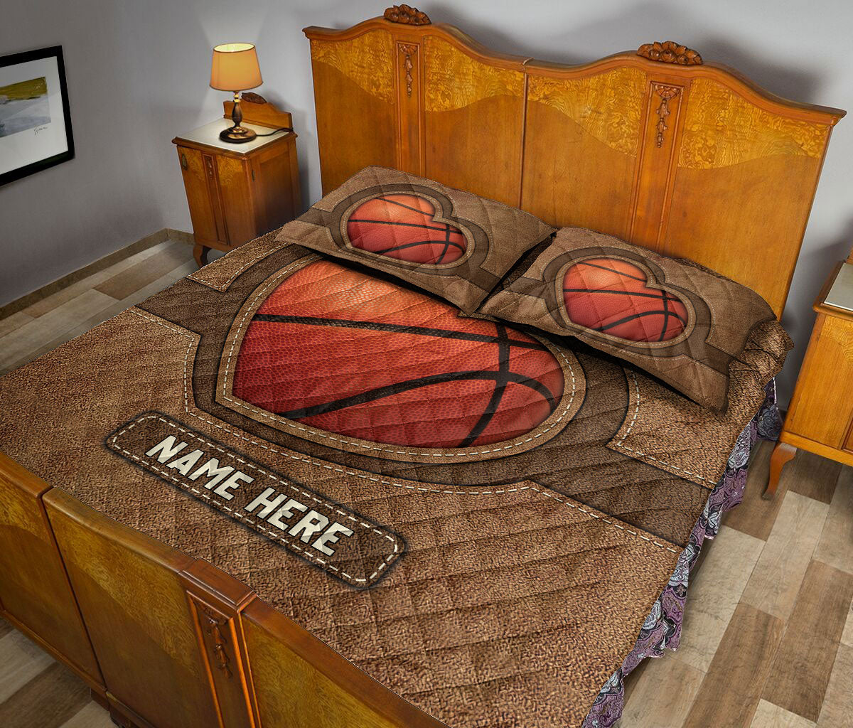 Ohaprints-Quilt-Bed-Set-Pillowcase-Basketball-Heart-Brown-Pattern-Unique-Gift-Custom-Personalized-Name-Blanket-Bedspread-Bedding-3410-King (90'' x 100'')