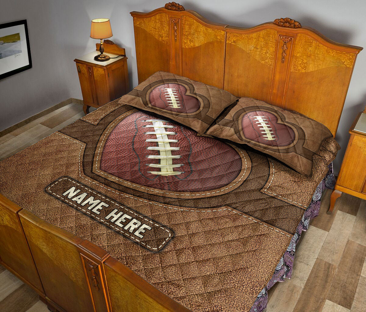 Ohaprints-Quilt-Bed-Set-Pillowcase-American-Football-Heart-Brown-Pattern-Unique-Gift-Custom-Personalized-Name-Blanket-Bedspread-Bedding-3157-King (90'' x 100'')