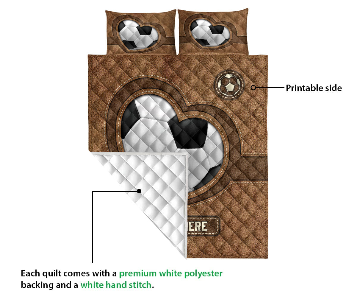 Ohaprints-Quilt-Bed-Set-Pillowcase-Soccer-Heart-Brown-Pattern-Unique-Gift-Custom-Personalized-Name-Blanket-Bedspread-Bedding-3387-Queen (80'' x 90'')