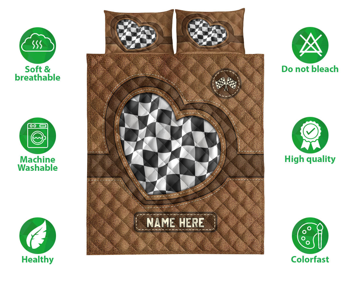 Ohaprints-Quilt-Bed-Set-Pillowcase-Racing-Checkered-Flag-Heart-Brown-Pattern-Custom-Personalized-Name-Blanket-Bedspread-Bedding-3361-Double (70'' x 80'')