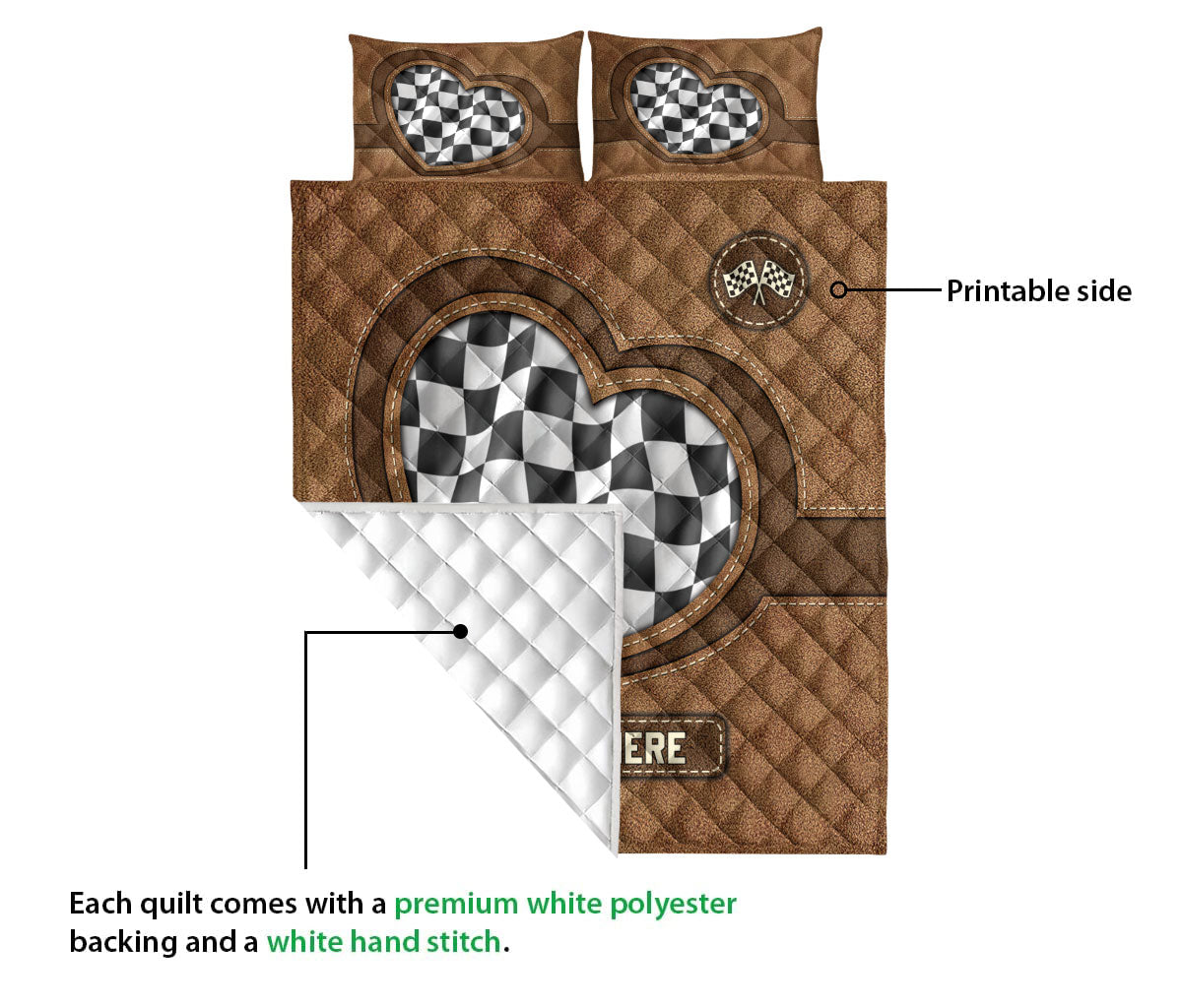 Ohaprints-Quilt-Bed-Set-Pillowcase-Racing-Checkered-Flag-Heart-Brown-Pattern-Custom-Personalized-Name-Blanket-Bedspread-Bedding-3361-Queen (80'' x 90'')