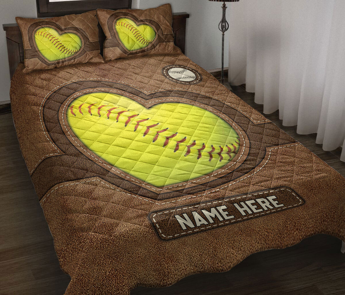 Ohaprints-Quilt-Bed-Set-Pillowcase-Softball-Heart-Brown-Pattern-Unique-Gift-Custom-Personalized-Name-Blanket-Bedspread-Bedding-3110-Throw (55'' x 60'')