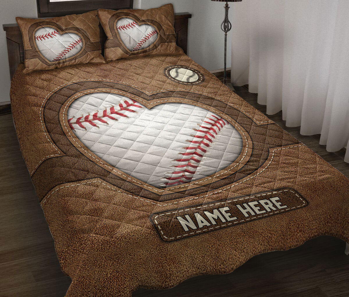 Ohaprints-Quilt-Bed-Set-Pillowcase-Baseballl-Heart-Brown-Pattern-Unique-Gift-Custom-Personalized-Name-Blanket-Bedspread-Bedding-3213-Throw (55'' x 60'')