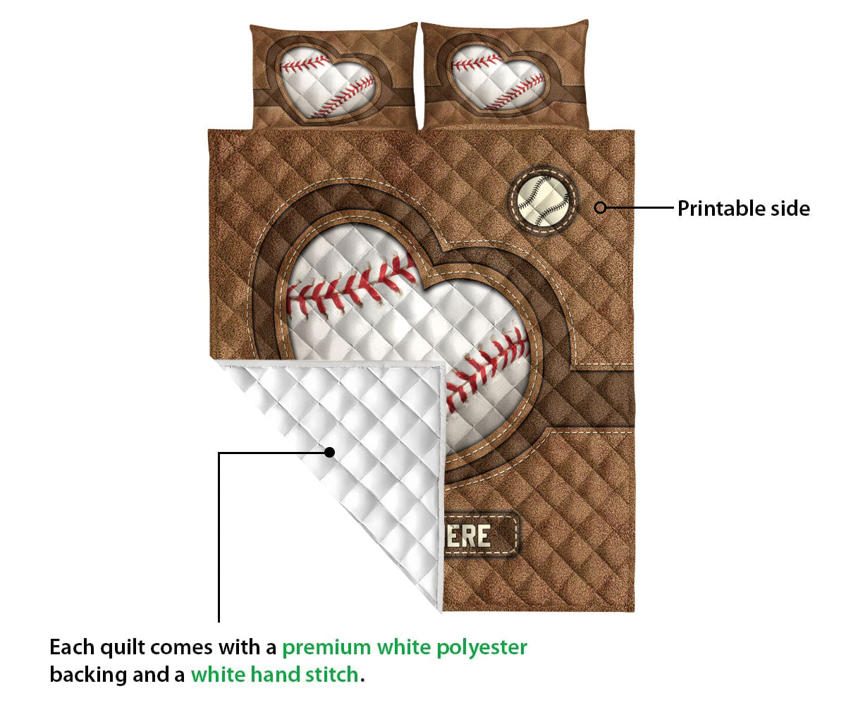 Ohaprints-Quilt-Bed-Set-Pillowcase-Baseballl-Heart-Brown-Pattern-Unique-Gift-Custom-Personalized-Name-Blanket-Bedspread-Bedding-3213-Queen (80'' x 90'')