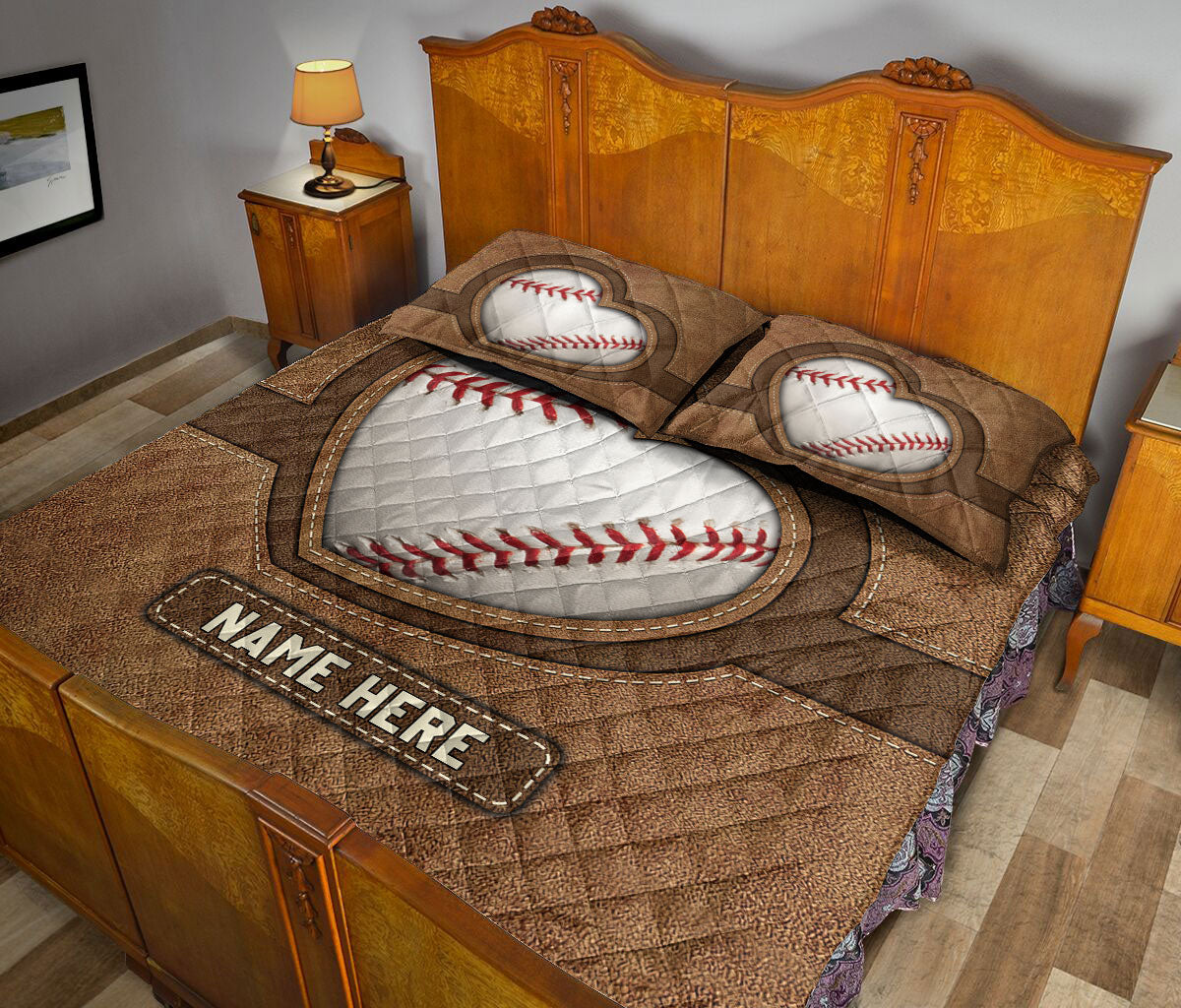 Ohaprints-Quilt-Bed-Set-Pillowcase-Baseballl-Heart-Brown-Pattern-Unique-Gift-Custom-Personalized-Name-Blanket-Bedspread-Bedding-3213-King (90'' x 100'')