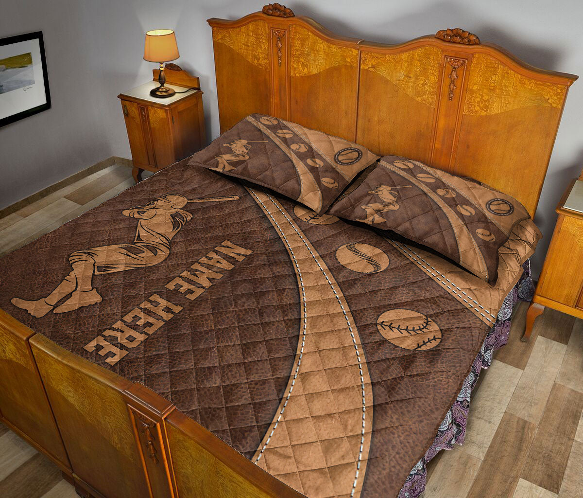 Ohaprints-Quilt-Bed-Set-Pillowcase-Baseball-Player-Brown-Pattern-Unique-Gift-Custom-Personalized-Name-Number-Blanket-Bedspread-Bedding-3214-King (90'' x 100'')