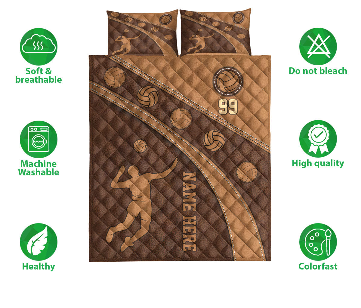 Ohaprints-Quilt-Bed-Set-Pillowcase-Volleyball-Player-Brown-Unique-Gift-Custom-Personalized-Name-Number-Blanket-Bedspread-Bedding-3435-Double (70'' x 80'')