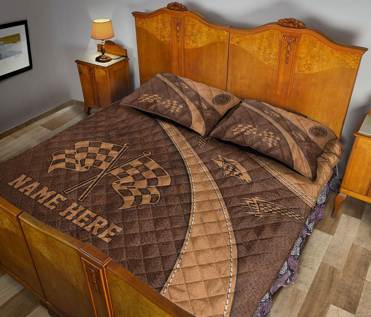 Ohaprints-Quilt-Bed-Set-Pillowcase-Racing-Checkered-Flag-Brown-Pattern-Custom-Personalized-Name-Number-Blanket-Bedspread-Bedding-3362-King (90'' x 100'')