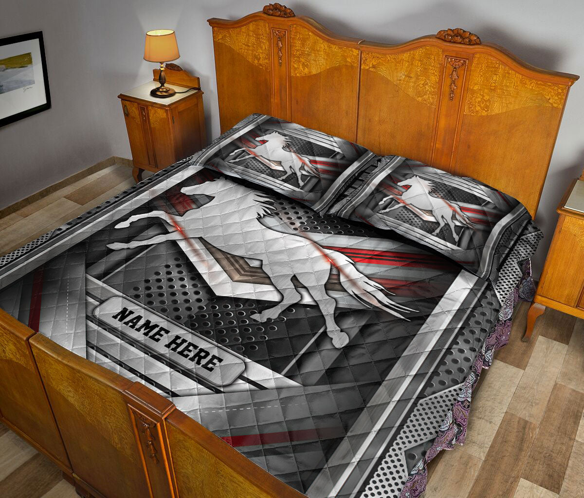 Ohaprints-Quilt-Bed-Set-Pillowcase-Horse-Carbon-Metal-Silver-Red-Lighting-Custom-Personalized-Name-Blanket-Bedspread-Bedding-3625-King (90'' x 100'')