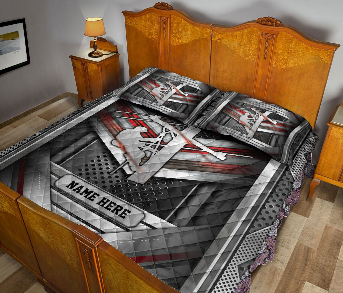 Ohaprints-Quilt-Bed-Set-Pillowcase-Electrical-Lineman-Carbon-Metal-Silver-Red-Custom-Personalized-Name-Blanket-Bedspread-Bedding-3741-King (90'' x 100'')