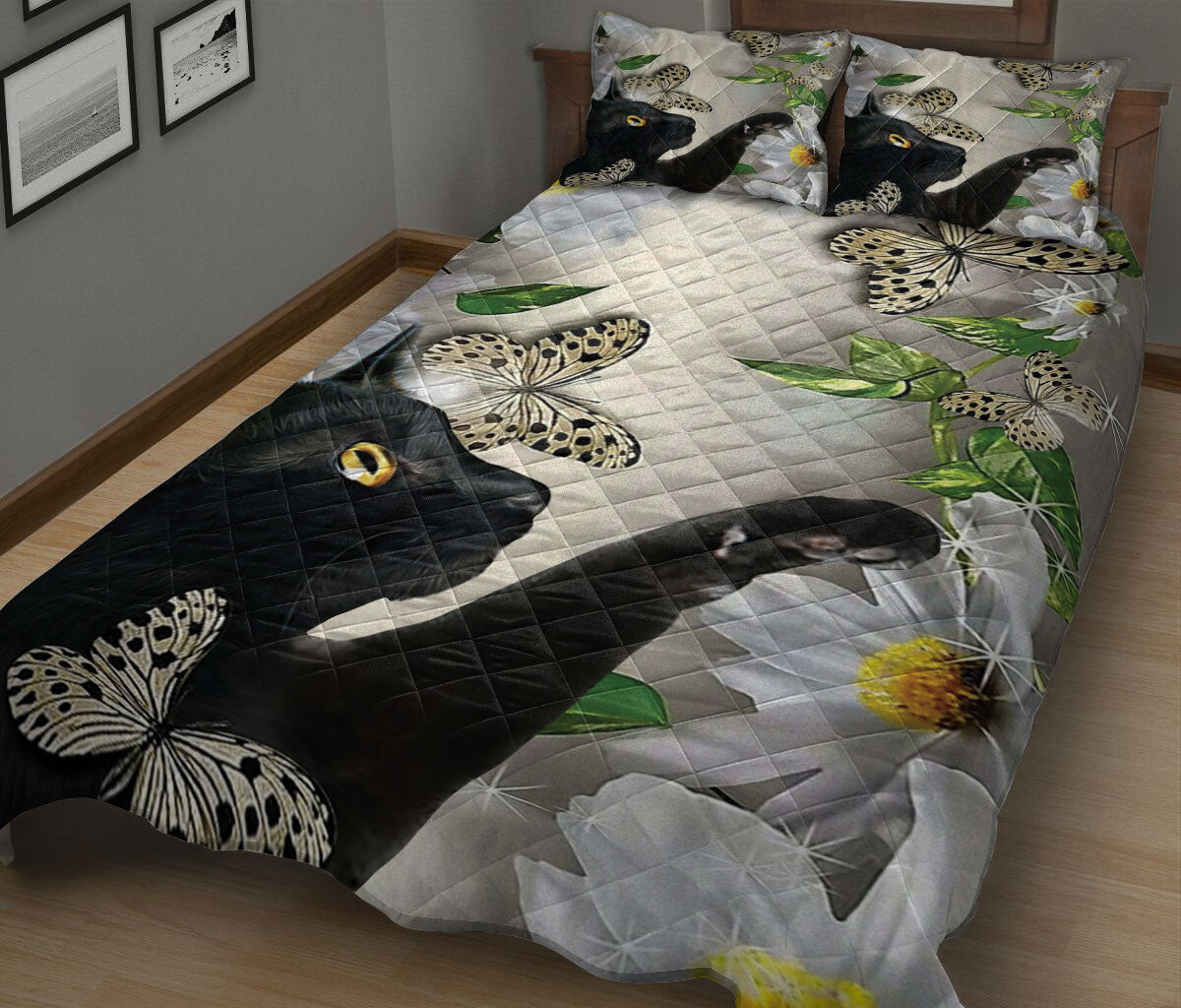 Ohaprints-Quilt-Bed-Set-Pillowcase-Black-Cat-With-Butterfly-And-Daisy-Flower-Blanket-Bedspread-Bedding-1469-King (90'' x 100'')