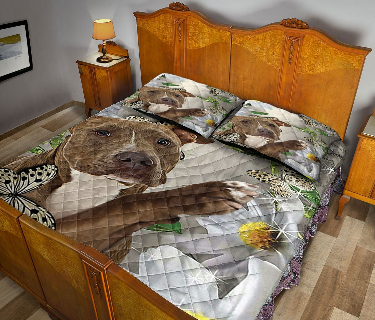 Ohaprints-Quilt-Bed-Set-Pillowcase-Pitbull-With-Butterfly-And-Daisy-Flower-Blanket-Bedspread-Bedding-2649-Queen (80'' x 90'')