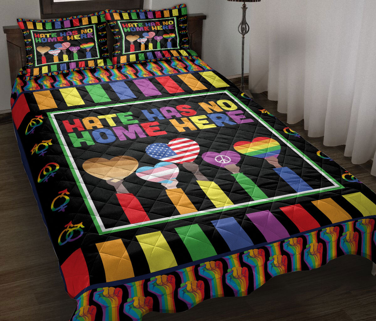 Ohaprints-Quilt-Bed-Set-Pillowcase-Lgbt-Lgbtq-Pride-Rainbow-Hate-Has-No-Home-Here-Blanket-Bedspread-Bedding-1471-Throw (55'' x 60'')