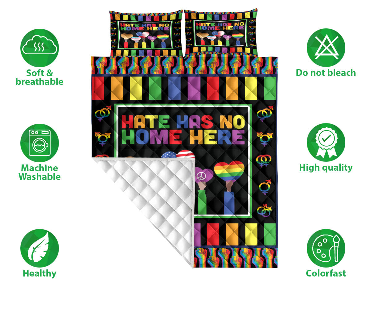 Ohaprints-Quilt-Bed-Set-Pillowcase-Lgbt-Lgbtq-Pride-Rainbow-Hate-Has-No-Home-Here-Blanket-Bedspread-Bedding-1471-Double (70'' x 80'')