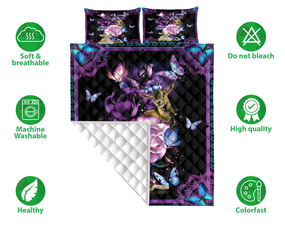 Ohaprints-Quilt-Bed-Set-Pillowcase-Goat-And-Butterfly-With-Purple-Flower-Blanket-Bedspread-Bedding-2651-Double (70'' x 80'')