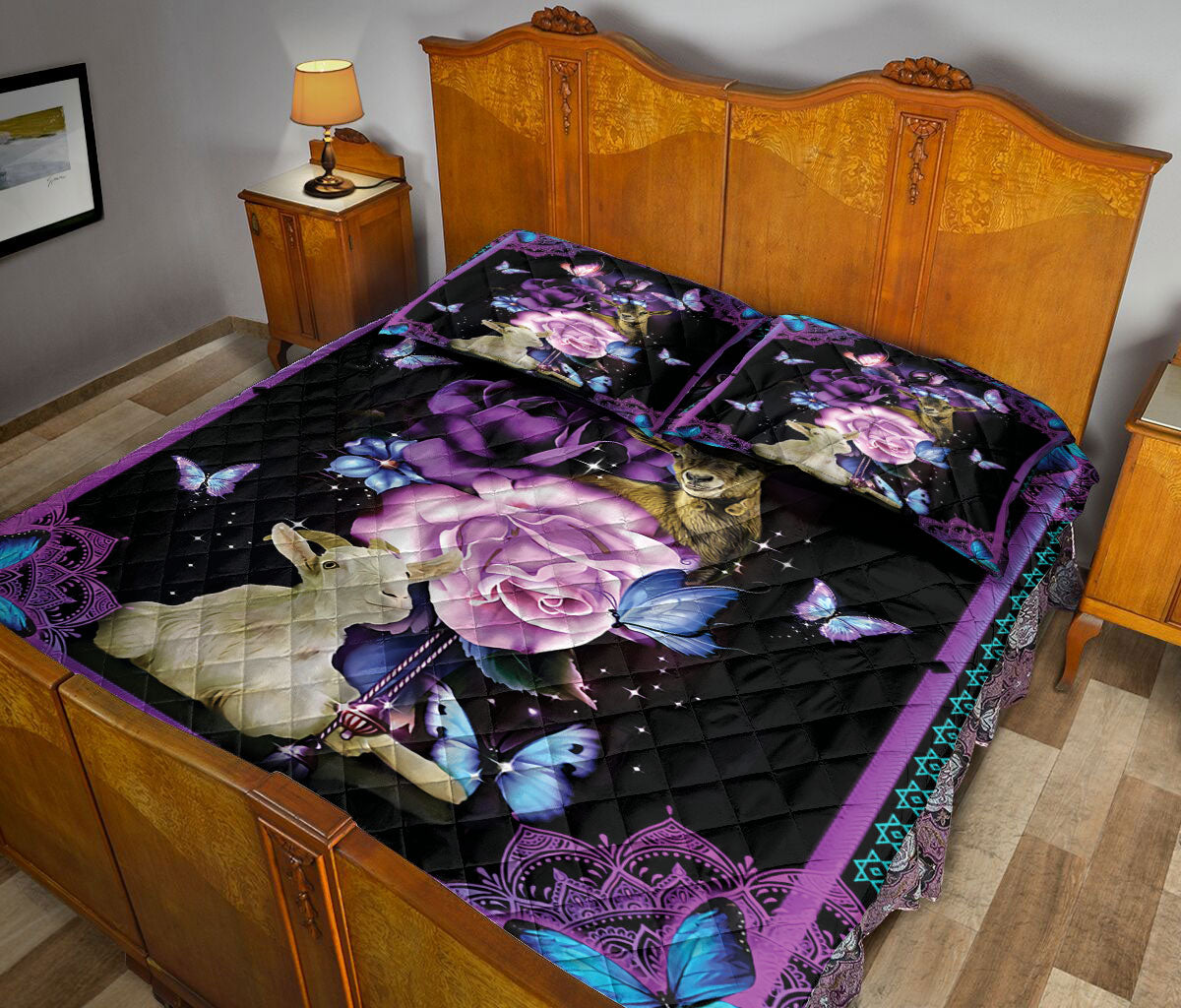 Ohaprints-Quilt-Bed-Set-Pillowcase-Goat-And-Butterfly-With-Purple-Flower-Blanket-Bedspread-Bedding-2651-Queen (80'' x 90'')