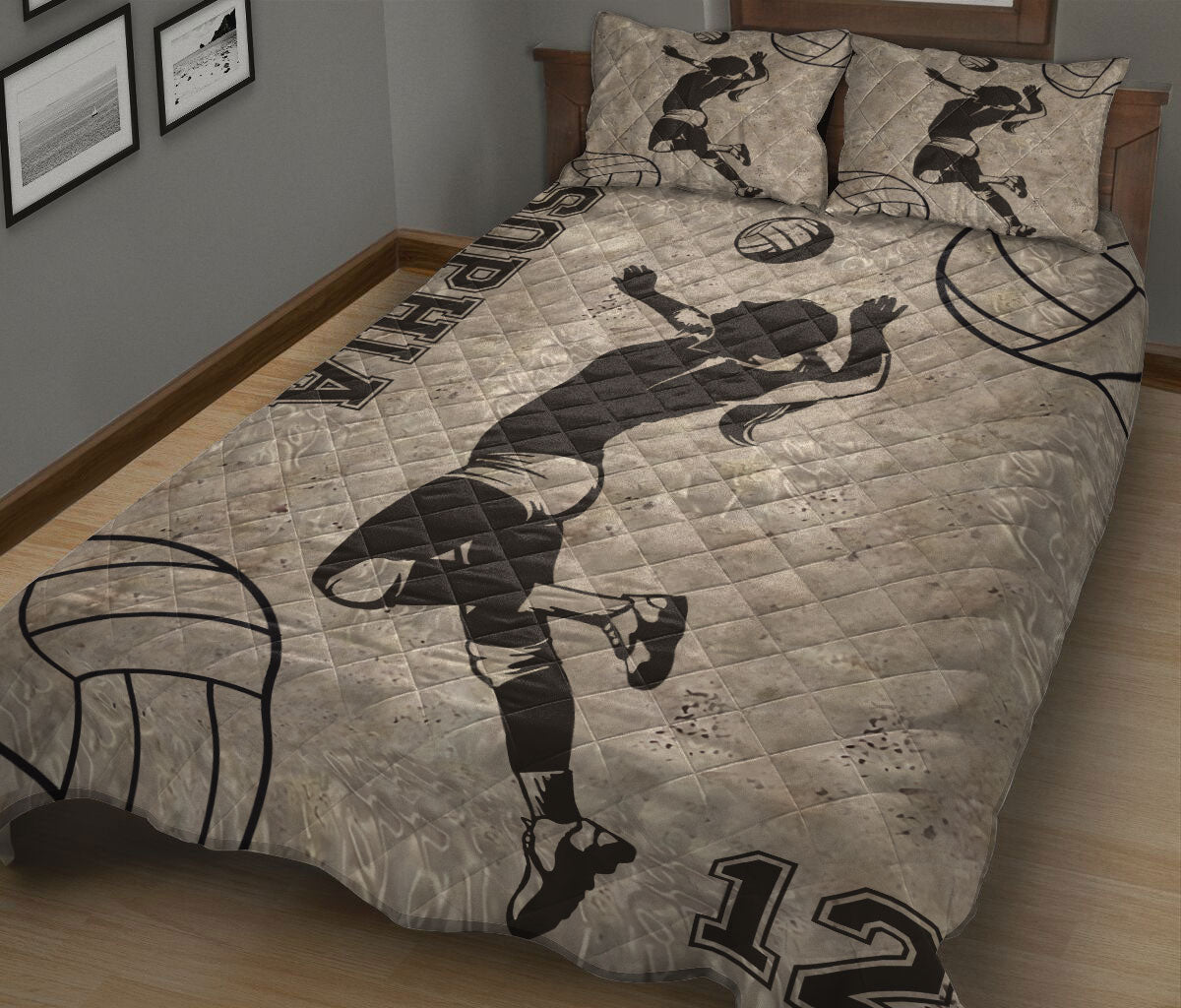 Ohaprints-Quilt-Bed-Set-Pillowcase-Volleyball-Brown-Pattern-Volleyball-Girl-Player-Custom-Personalized-Name-Blanket-Bedspread-Bedding-1473-King (90'' x 100'')
