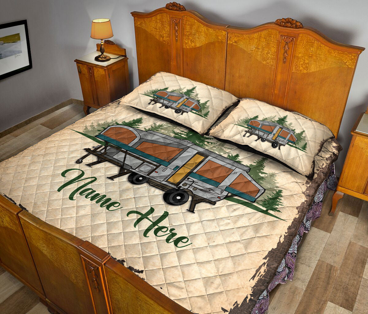 Personalized Camping Quilt Set, Camping Camper Popup Rvs Quilt Blanket With Pillowcases, Custom Name Quilt Bedding Set