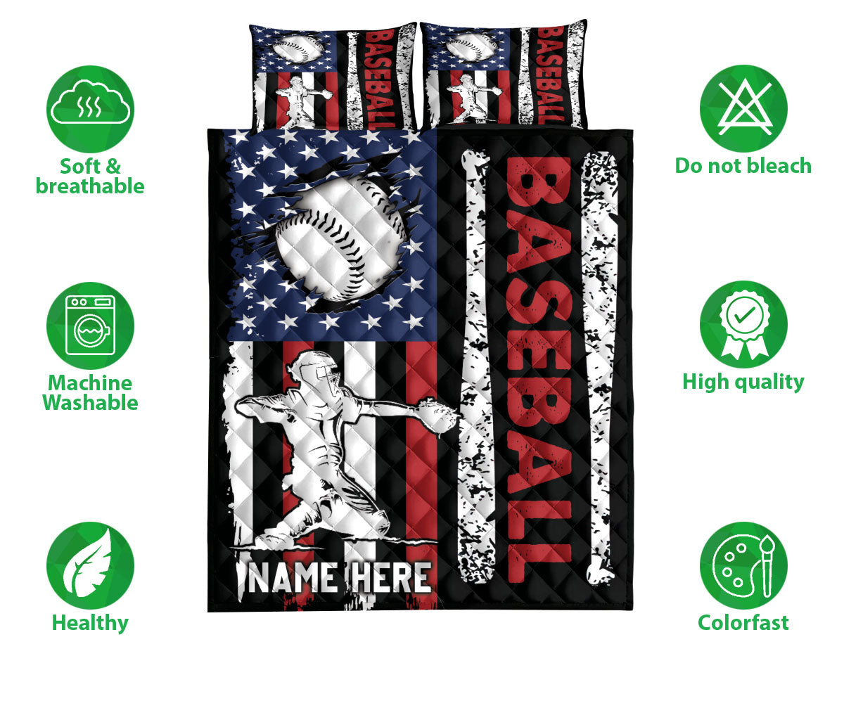 Ohaprints-Quilt-Bed-Set-Pillowcase-Baseball-Catcher-Player-American-Flag-Usa-Unique-Gift-Custom-Personalized-Name-Blanket-Bedspread-Bedding-3219-Double (70'' x 80'')