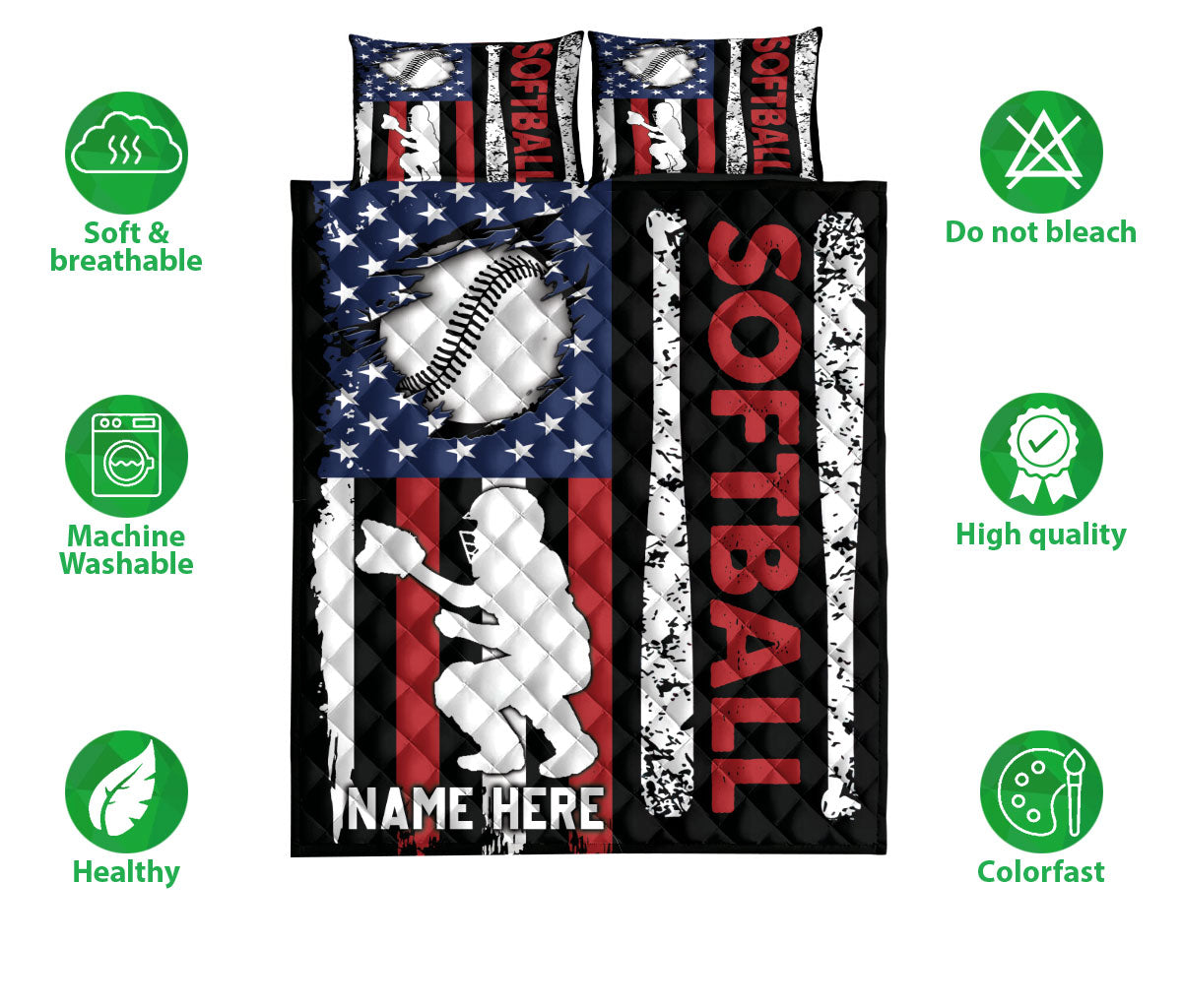 Ohaprints-Quilt-Bed-Set-Pillowcase-Softball-Catcher-Player-American-Flag-Usa-Unique-Gift-Custom-Personalized-Name-Blanket-Bedspread-Bedding-3114-Double (70'' x 80'')