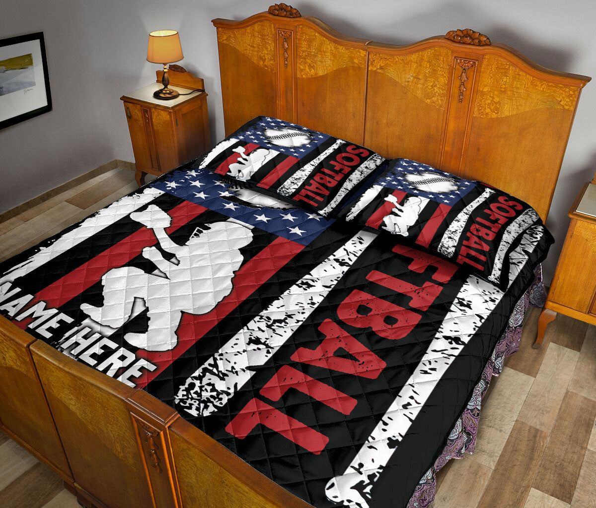 Ohaprints-Quilt-Bed-Set-Pillowcase-Softball-Catcher-Player-American-Flag-Usa-Unique-Gift-Custom-Personalized-Name-Blanket-Bedspread-Bedding-3114-King (90'' x 100'')