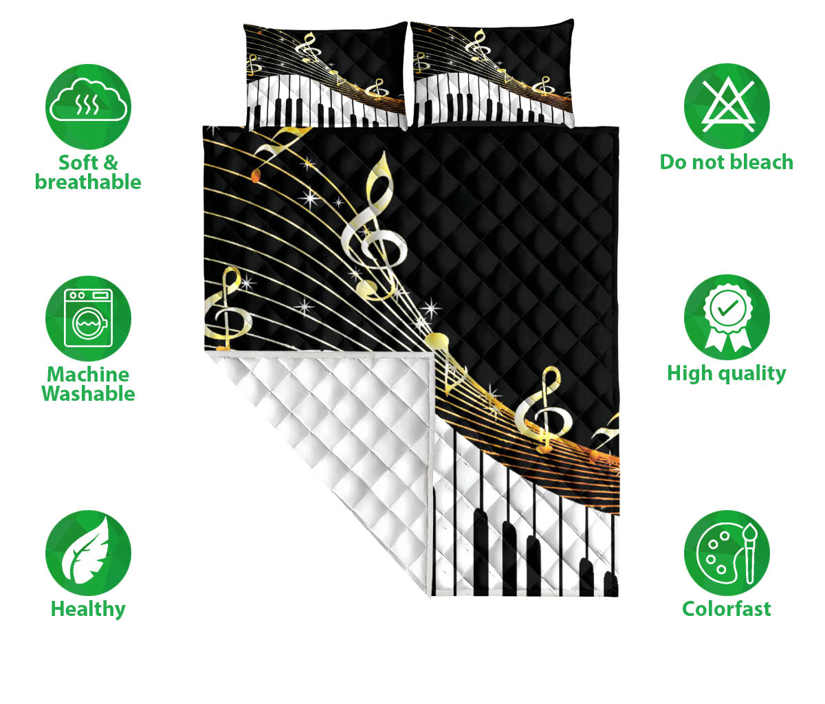 Ohaprints-Quilt-Bed-Set-Pillowcase-Music-Piano-Keys-Golden-Music-Notes-Music-Theme-Musical-Note-Black-White-Blanket-Bedspread-Bedding-2659-Double (70'' x 80'')