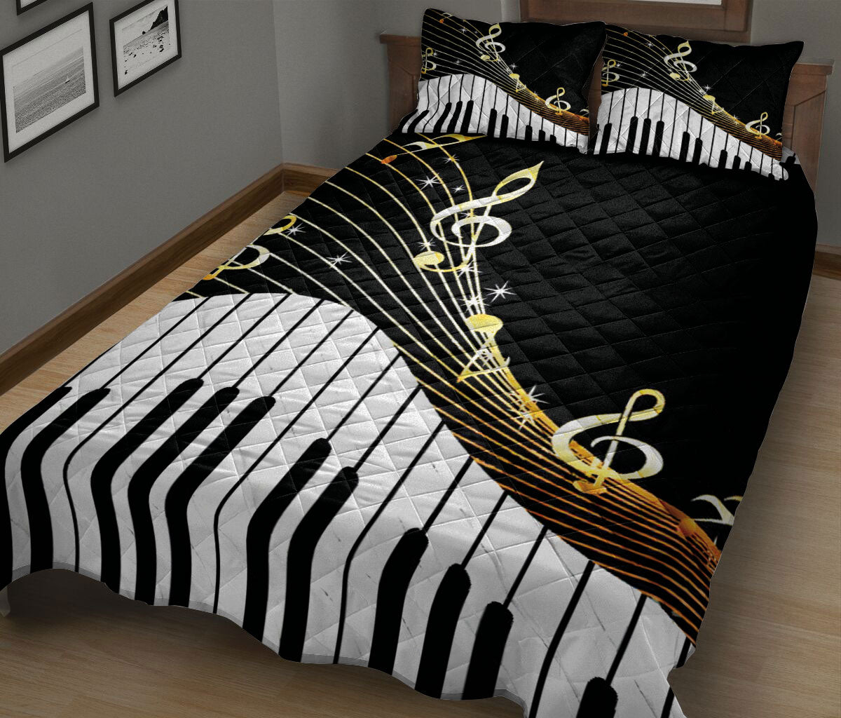 Ohaprints-Quilt-Bed-Set-Pillowcase-Music-Piano-Keys-Golden-Music-Notes-Music-Theme-Musical-Note-Black-White-Blanket-Bedspread-Bedding-2659-King (90'' x 100'')