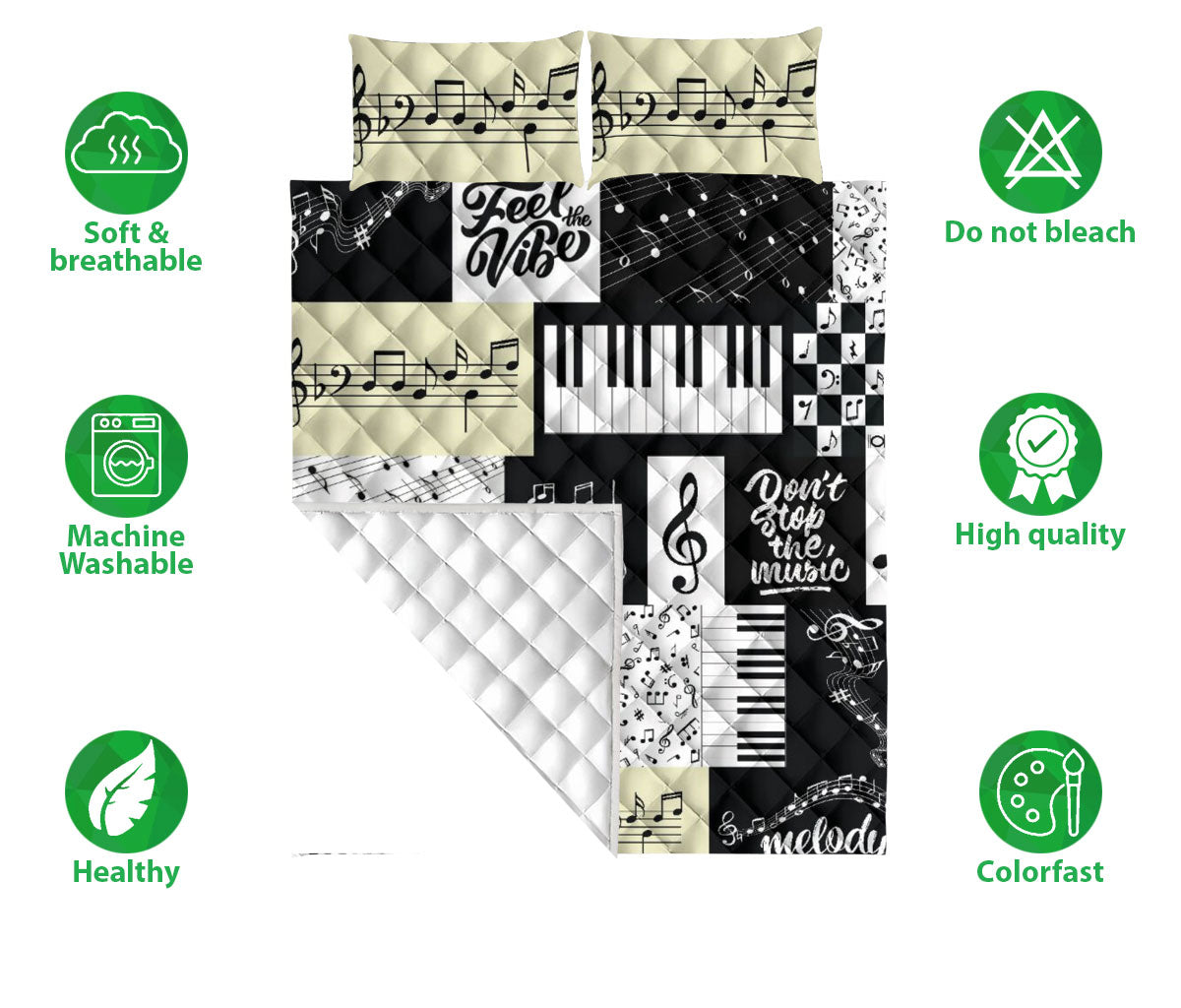 Ohaprints-Quilt-Bed-Set-Pillowcase-Piano-Keys-Dont-Stop-The-Music-Keyboard-Notes-Blanket-Bedspread-Bedding-308-Double (70'' x 80'')