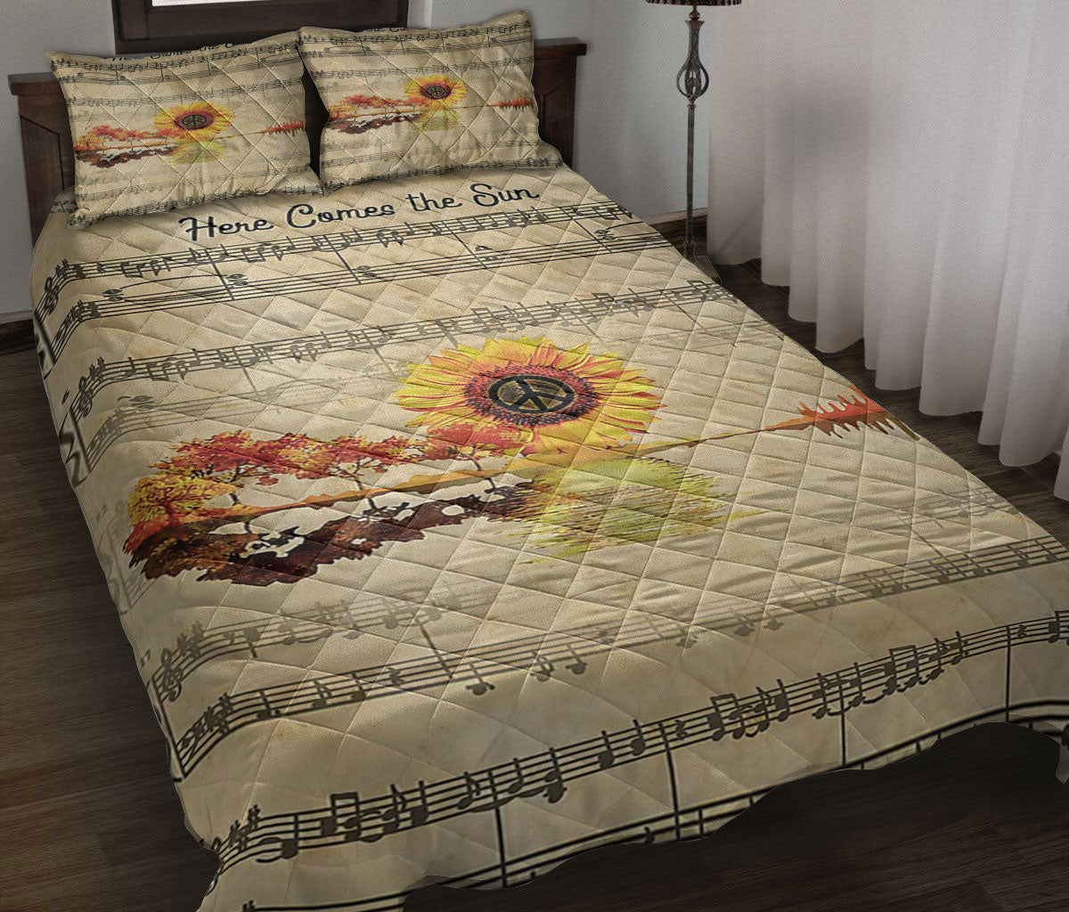 Ohaprints-Quilt-Bed-Set-Pillowcase-Guitar-Sunflower-Peace-Here-Come-The-Sun-Gift-For-Guitarist-Blanket-Bedspread-Bedding-1482-Throw (55'' x 60'')