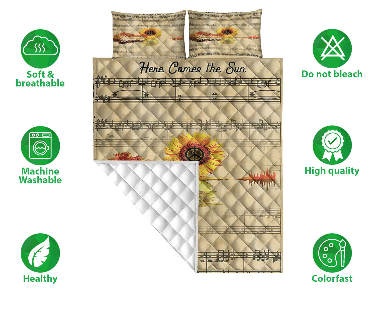 Ohaprints-Quilt-Bed-Set-Pillowcase-Guitar-Sunflower-Peace-Here-Come-The-Sun-Gift-For-Guitarist-Blanket-Bedspread-Bedding-1482-Double (70'' x 80'')