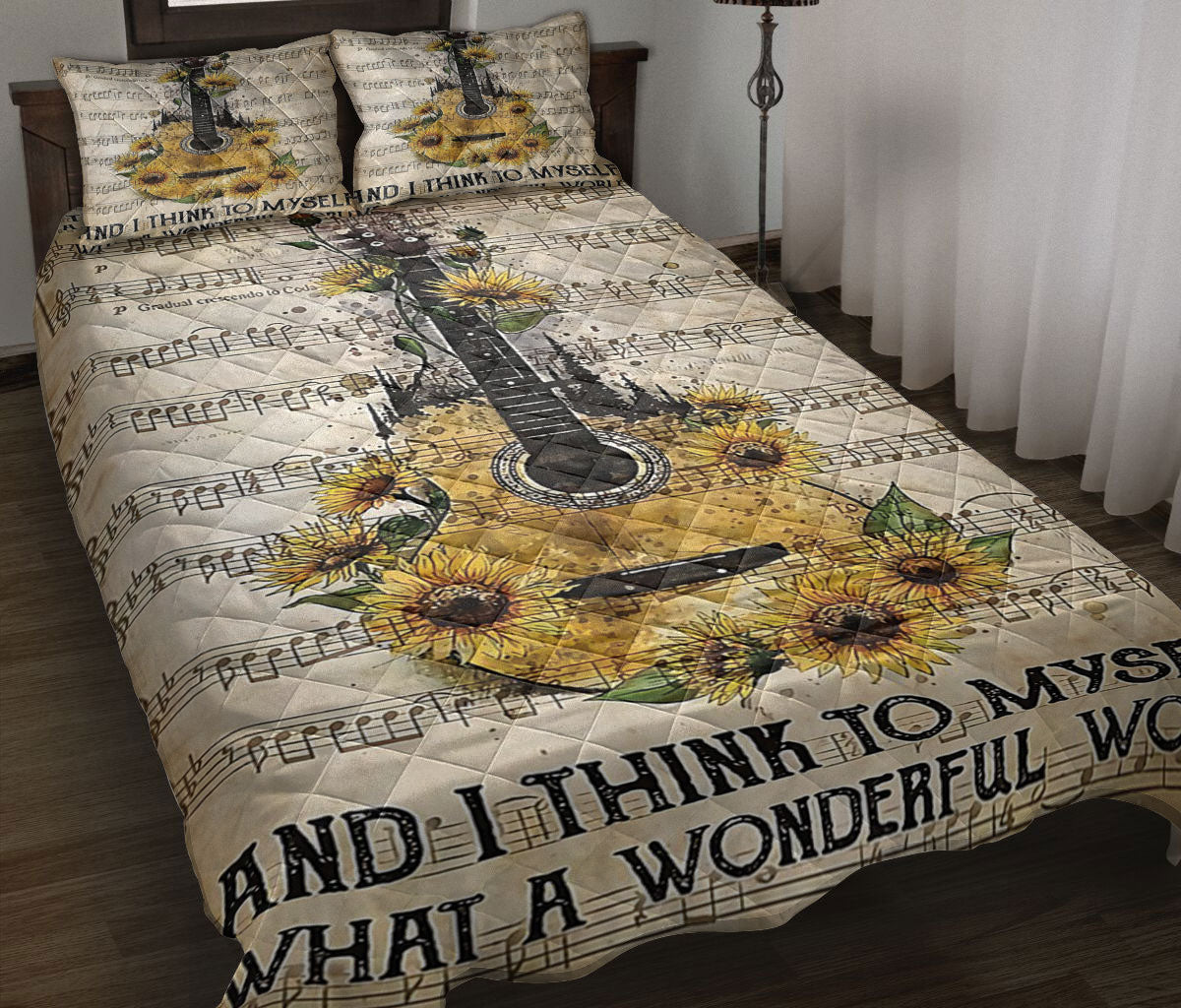 Ohaprints-Quilt-Bed-Set-Pillowcase-Guitar-Sunflower-I-Think-To-Myself-What-A-Wonderful-World-Gift-For-Guitarist-Blanket-Bedspread-Bedding-1483-Throw (55'' x 60'')