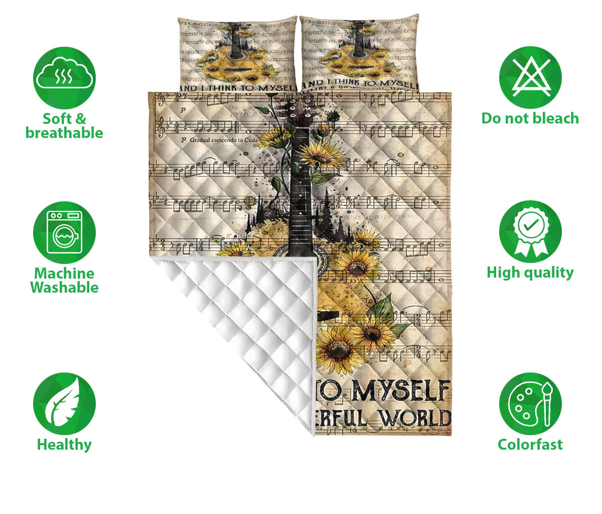 Ohaprints-Quilt-Bed-Set-Pillowcase-Guitar-Sunflower-I-Think-To-Myself-What-A-Wonderful-World-Gift-For-Guitarist-Blanket-Bedspread-Bedding-1483-Double (70'' x 80'')