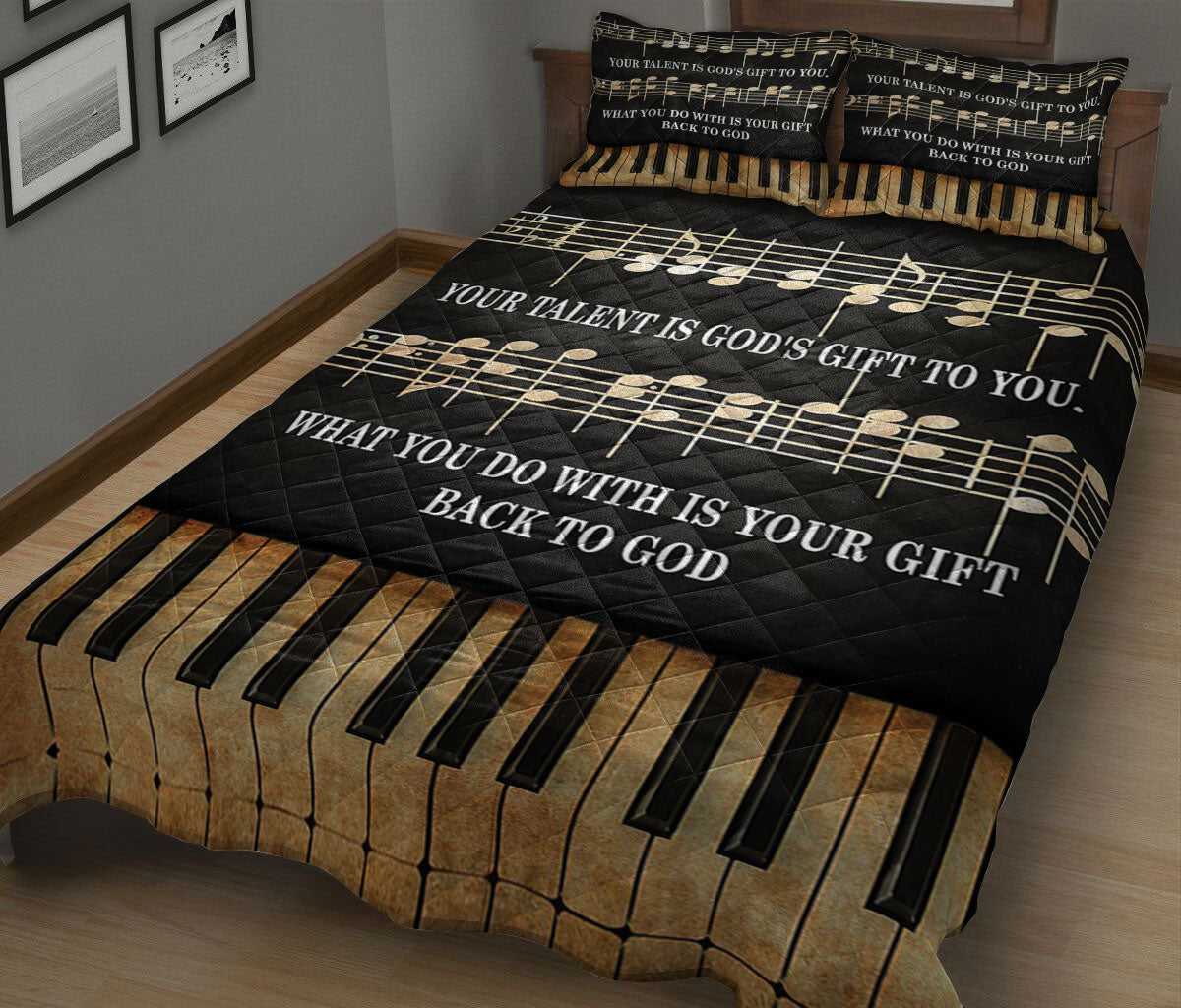 Ohaprints-Quilt-Bed-Set-Pillowcase-Piano-Your-Talent-Is-God'S-Gift-Key-Golden-Music-Notes-Gift-For-Pianist-Blanket-Bedspread-Bedding-904-King (90'' x 100'')