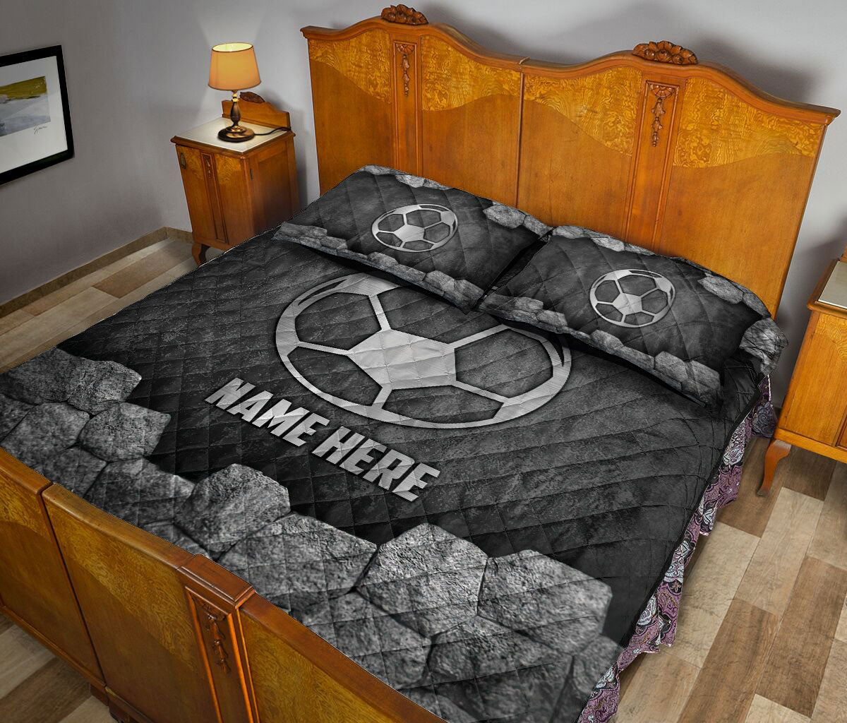 Ohaprints-Quilt-Bed-Set-Pillowcase-Soccer-Ball-Stone-Metal-Silver-Pattern-Sport-Gift-Custom-Personalized-Name-Blanket-Bedspread-Bedding-1124-King (90'' x 100'')
