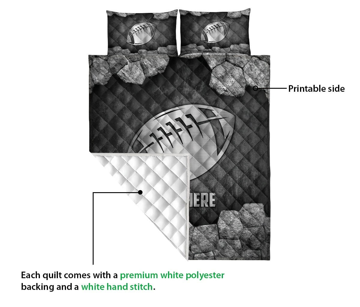 Ohaprints-Quilt-Bed-Set-Pillowcase-American-Football-Ball-Stone-Metal-Silver-Sport-Gift-Custom-Personalized-Name-Blanket-Bedspread-Bedding-1709-Queen (80'' x 90'')
