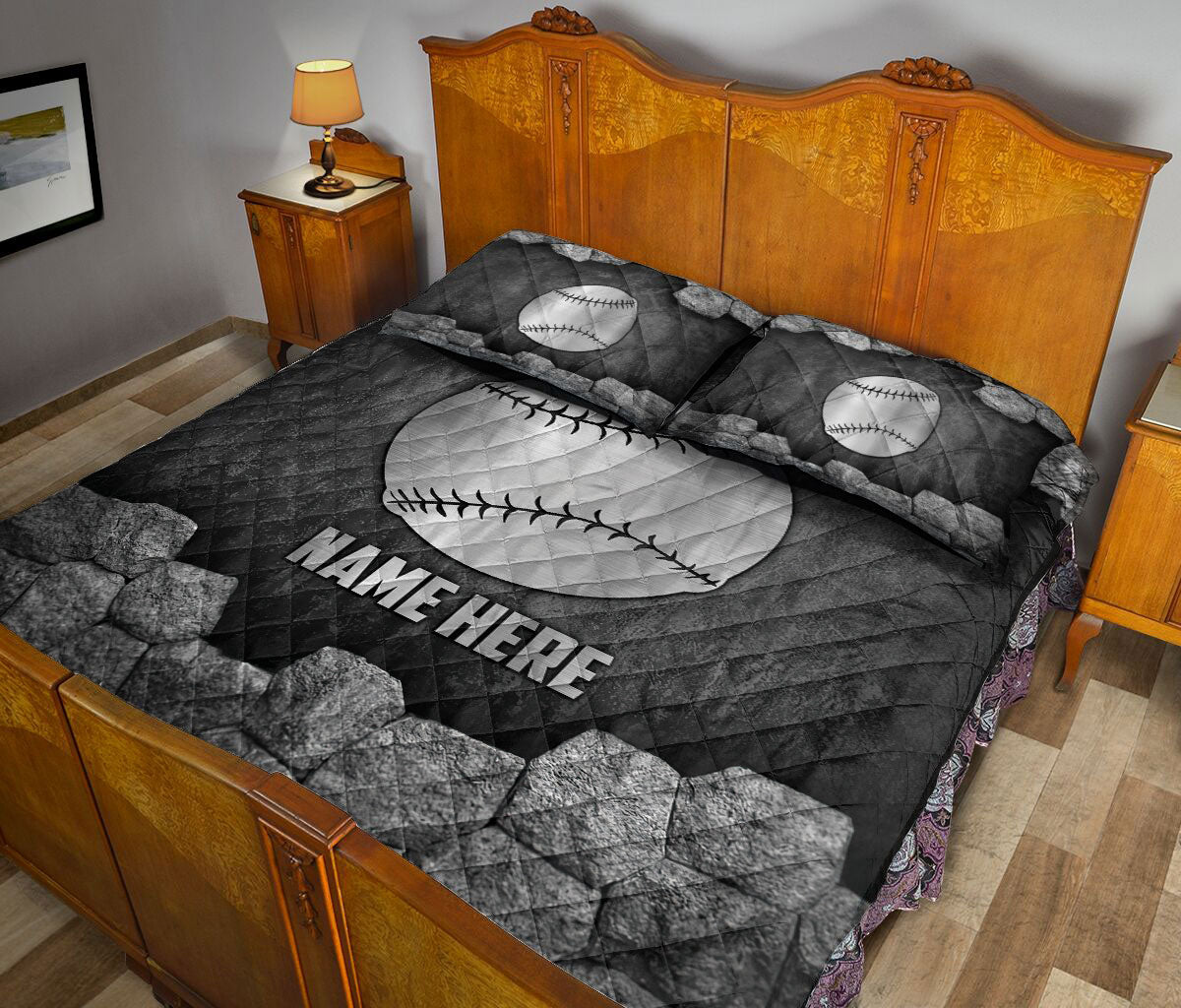 Ohaprints-Quilt-Bed-Set-Pillowcase-Softball-Ball-Stone-Metal-Silver-Pattern-Sport-Gift-Custom-Personalized-Name-Blanket-Bedspread-Bedding-2297-King (90'' x 100'')