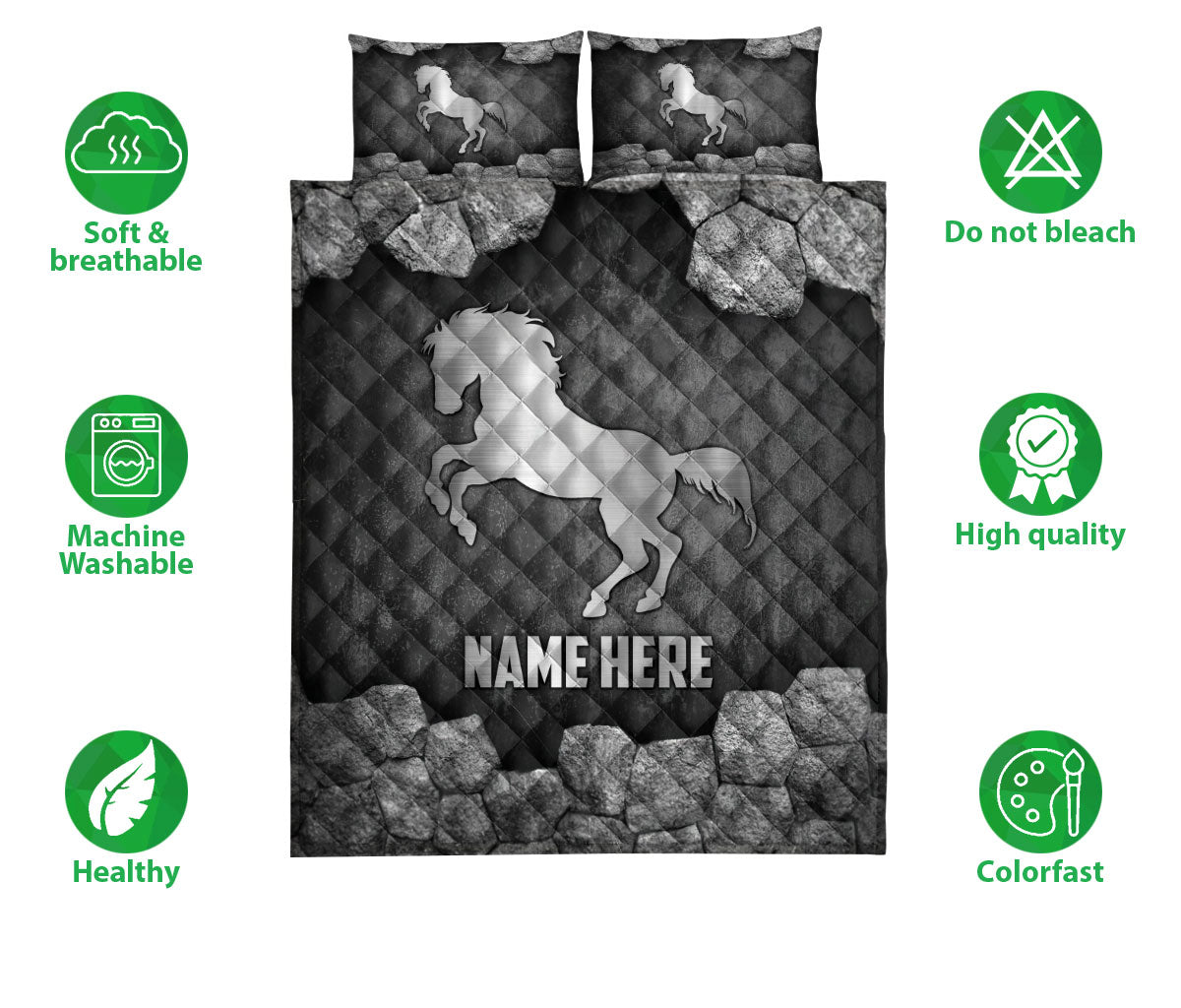 Ohaprints-Quilt-Bed-Set-Pillowcase-Horse-Metal-Silver-Pattern-Gifts-For-Horse-Lover-Custom-Personalized-Name-Blanket-Bedspread-Bedding-2891-Double (70'' x 80'')