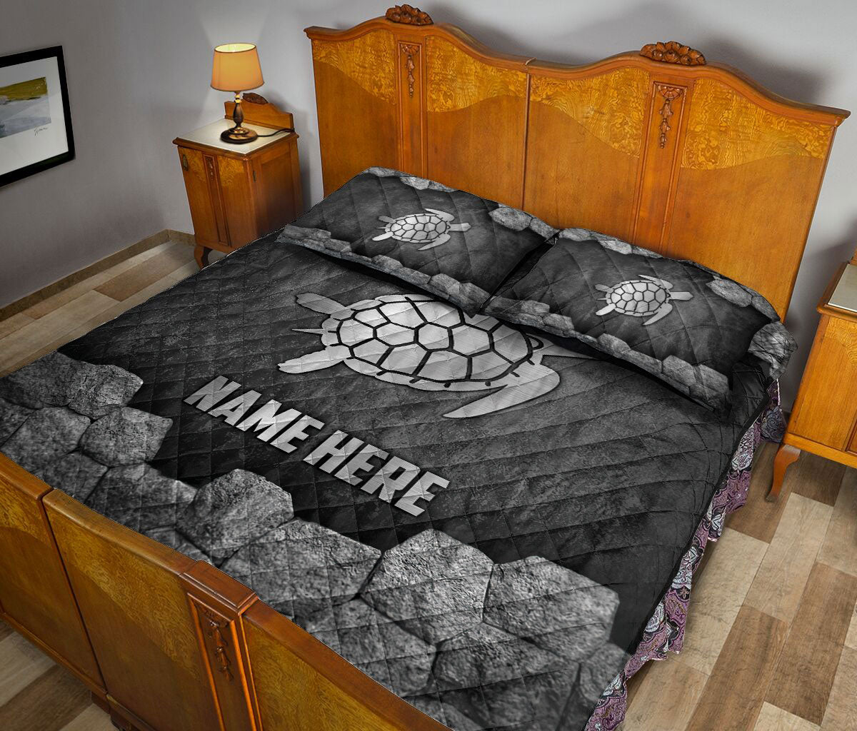 Ohaprints-Quilt-Bed-Set-Pillowcase-Turtle-Stone-Metal-Silver-Pattern-Unique-Gift-Custom-Personalized-Name-Blanket-Bedspread-Bedding-540-King (90'' x 100'')
