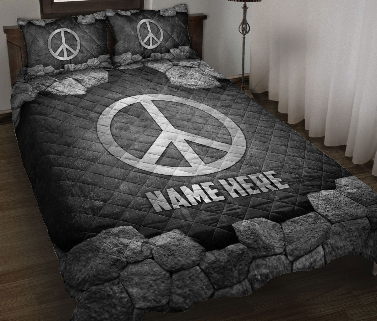 Ohaprints-Quilt-Bed-Set-Pillowcase-Hippie-Peace-Sign-Stone-Metal-Silver-Custom-Personalized-Name-Blanket-Bedspread-Bedding-546-Throw (55'' x 60'')