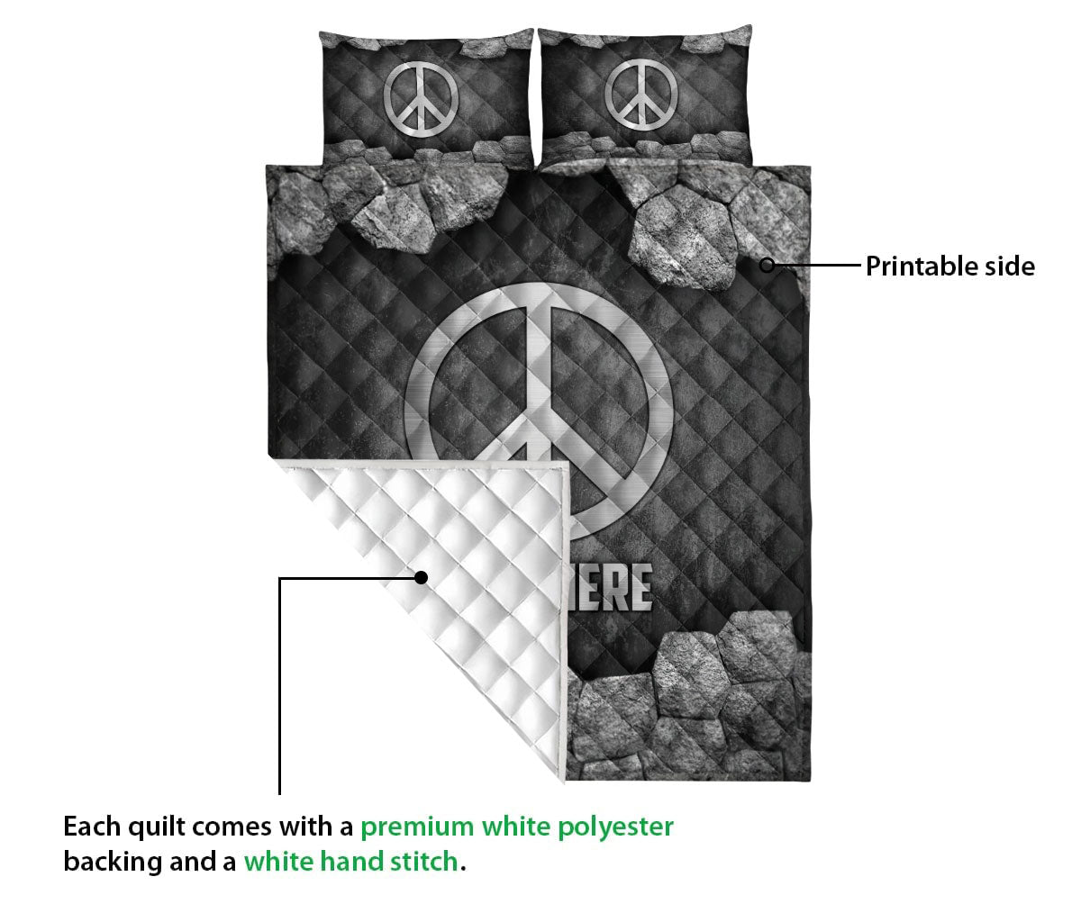 Ohaprints-Quilt-Bed-Set-Pillowcase-Hippie-Peace-Sign-Stone-Metal-Silver-Custom-Personalized-Name-Blanket-Bedspread-Bedding-546-Queen (80'' x 90'')