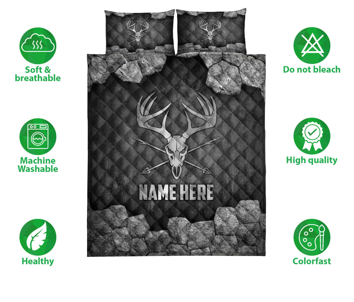 Ohaprints-Quilt-Bed-Set-Pillowcase-Deer-Skull-Hunting-Hunter-Metal-Silver-Custom-Personalized-Name-Blanket-Bedspread-Bedding-2306-Double (70'' x 80'')