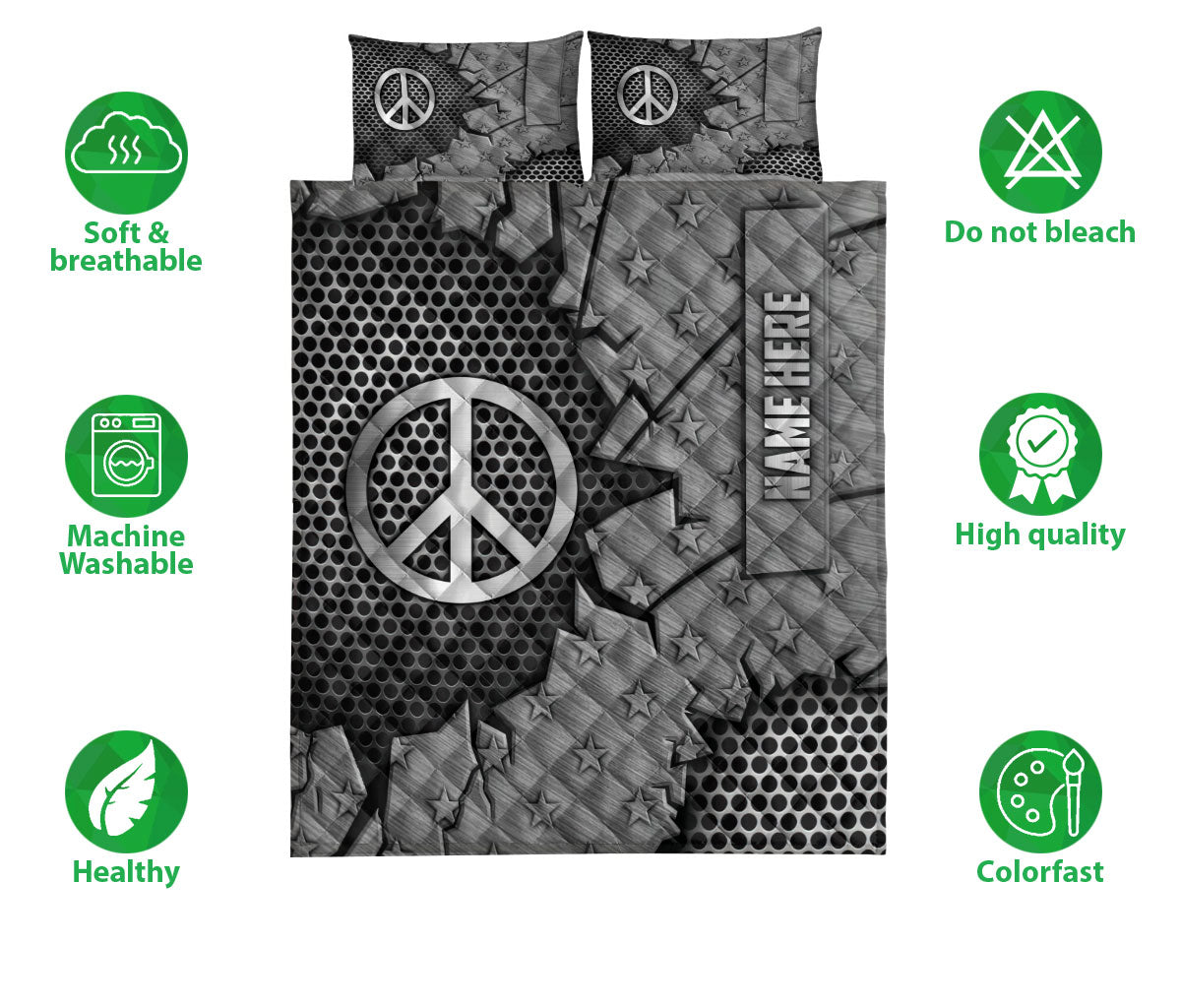 Ohaprints-Quilt-Bed-Set-Pillowcase-Hippie-Peace-Sign-Crack-Metal-Silver-Pattern-Custom-Personalized-Name-Blanket-Bedspread-Bedding-2898-Double (70'' x 80'')