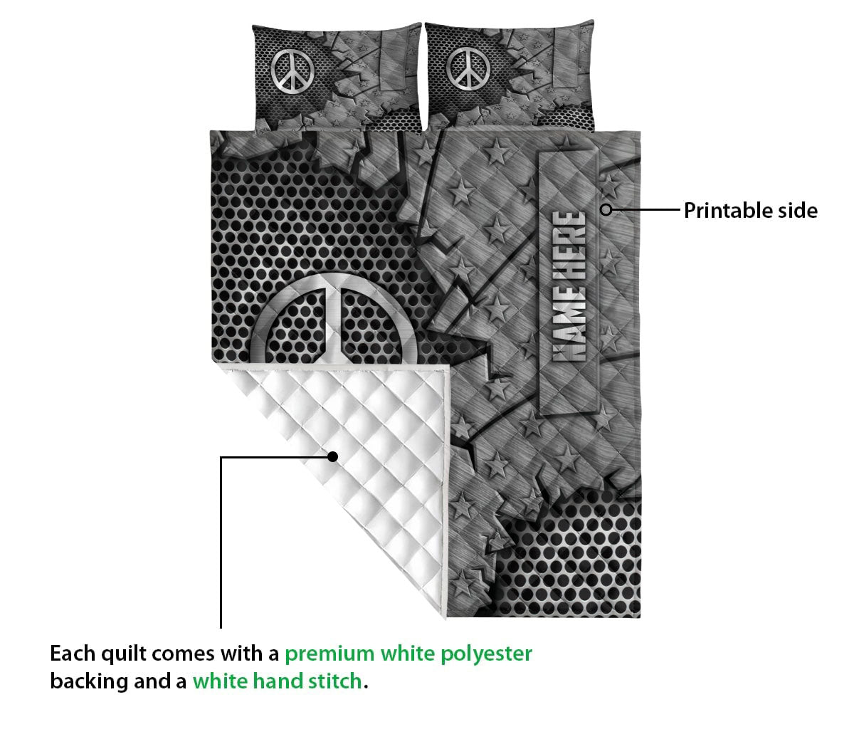 Ohaprints-Quilt-Bed-Set-Pillowcase-Hippie-Peace-Sign-Crack-Metal-Silver-Pattern-Custom-Personalized-Name-Blanket-Bedspread-Bedding-2898-Queen (80'' x 90'')