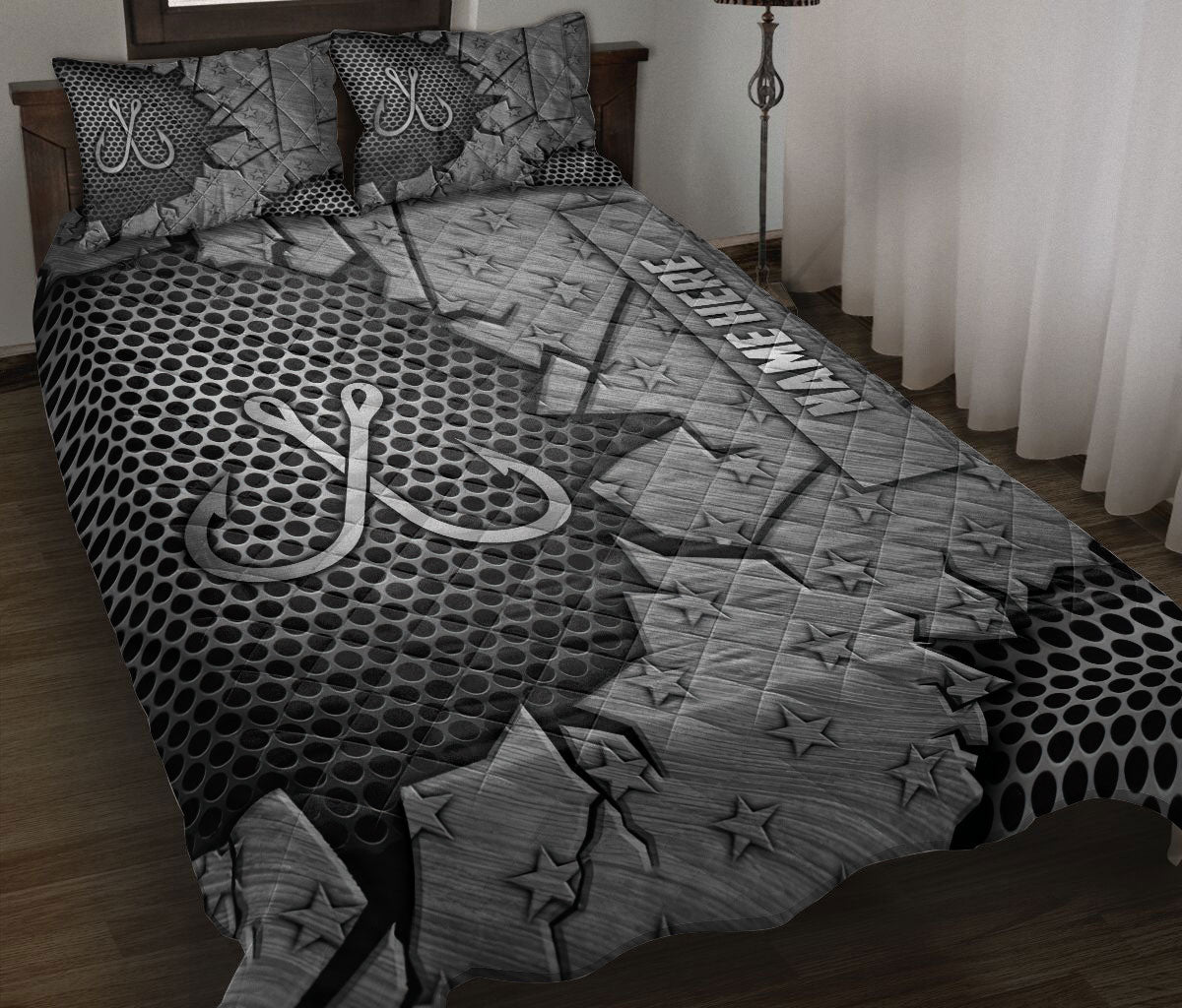 Ohaprints-Quilt-Bed-Set-Pillowcase-Fishing-Hook-Fisherman-Crack-Metal-Silver-Pattern-Custom-Personalized-Name-Blanket-Bedspread-Bedding-1134-Throw (55'' x 60'')