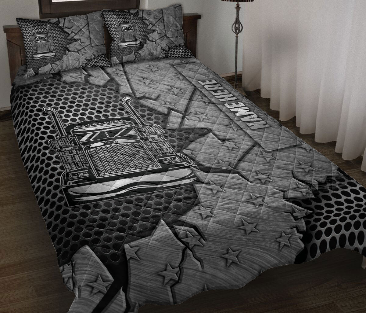 Ohaprints-Quilt-Bed-Set-Pillowcase-Trucker-Truck-Driver-Crack-Metal-Silver-Pattern-Custom-Personalized-Name-Blanket-Bedspread-Bedding-1135-Throw (55'' x 60'')