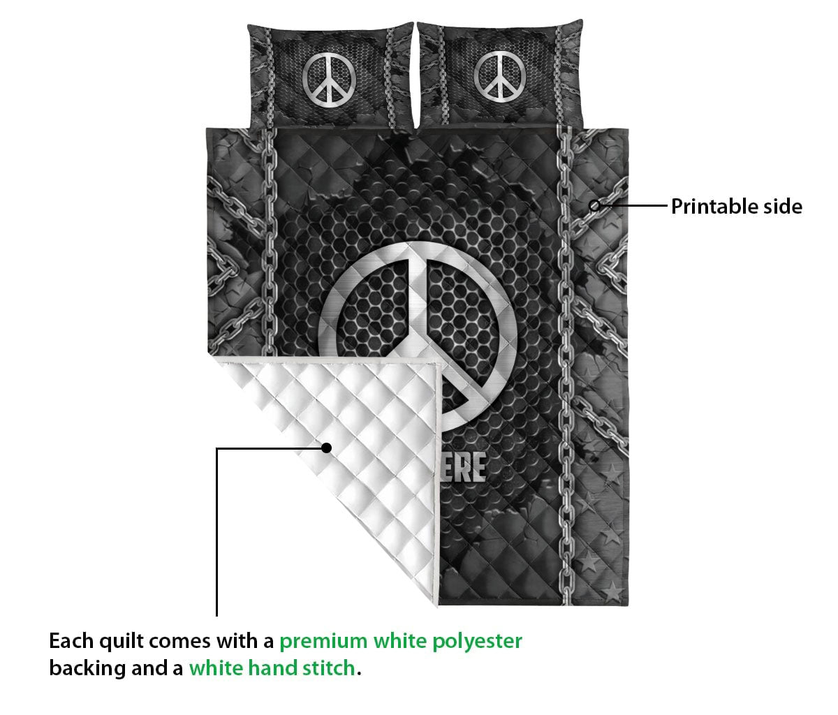 Ohaprints-Quilt-Bed-Set-Pillowcase-Hippe-Peace-Sign-Iron-Chain-Pattern-Unique-Gifts-Custom-Personalized-Name-Blanket-Bedspread-Bedding-1141-Queen (80'' x 90'')