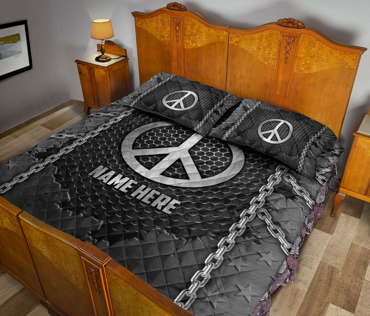 Ohaprints-Quilt-Bed-Set-Pillowcase-Hippe-Peace-Sign-Iron-Chain-Pattern-Unique-Gifts-Custom-Personalized-Name-Blanket-Bedspread-Bedding-1141-King (90'' x 100'')