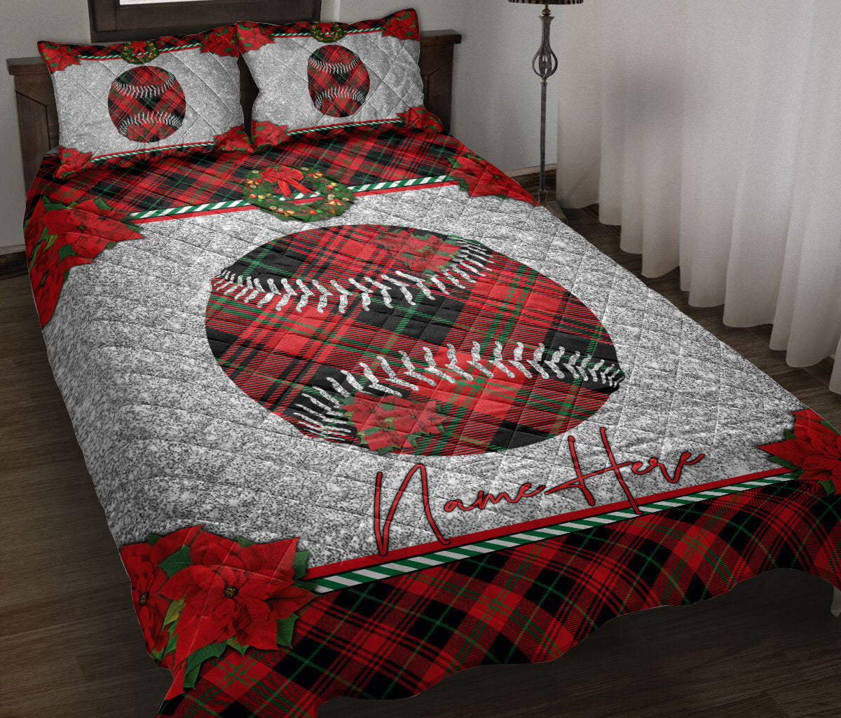 Ohaprints-Quilt-Bed-Set-Pillowcase-Christmas-Red-Plaid-Baseball-Christmas-Holiday-Custom-Personalized-Name-Blanket-Bedspread-Bedding-3230-Throw (55'' x 60'')