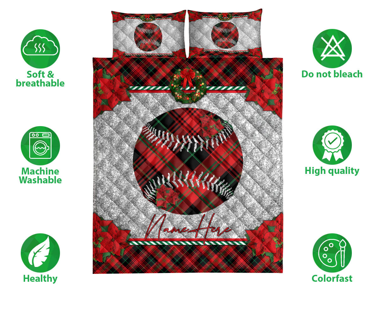 Ohaprints-Quilt-Bed-Set-Pillowcase-Christmas-Red-Plaid-Baseball-Christmas-Holiday-Custom-Personalized-Name-Blanket-Bedspread-Bedding-3230-Double (70'' x 80'')